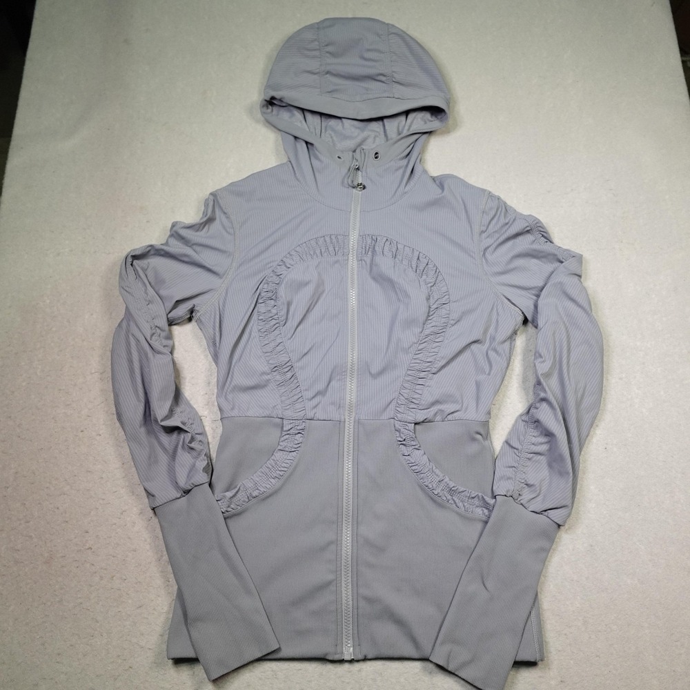 Lululemon Track Jacket Womens 8 Gray Hooded Ruched Thumbholes Zip Running Gym
